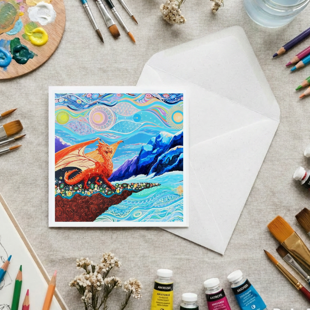 Colourful card with a dragon and mountains design on a table with art supplies