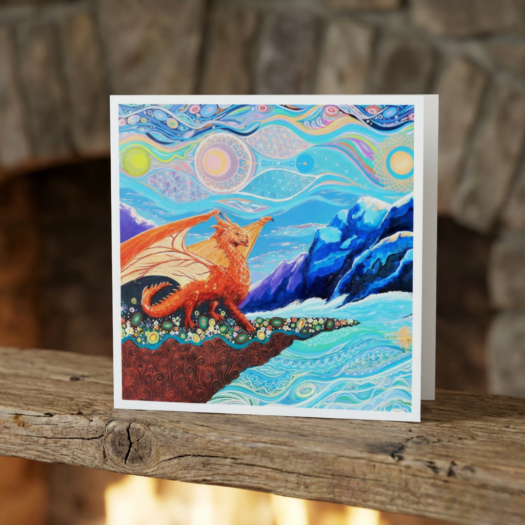 Colourful dragon illustration on a greeting card with a stone wall background