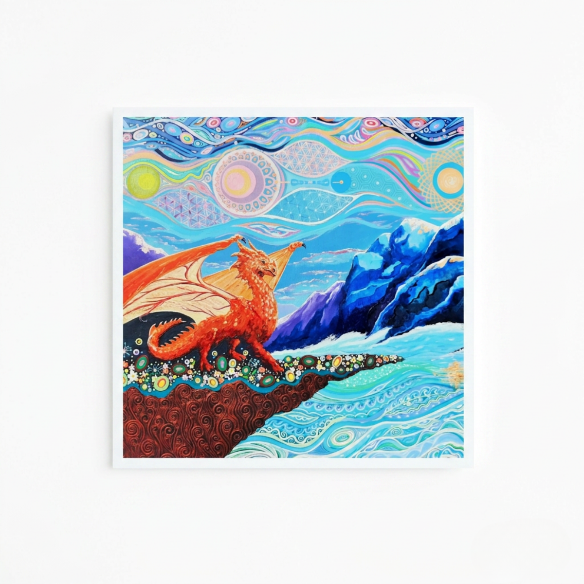 Colourful artwork of a dragon in a mountainous landscape with abstract elements.