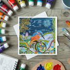 Colourful abstract painting of a kingfisher surrounded by nature elements on a wooden surface with art supplies.