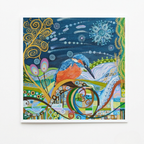 Colourful abstract artwork with a bird-like figure in a decorative frame.