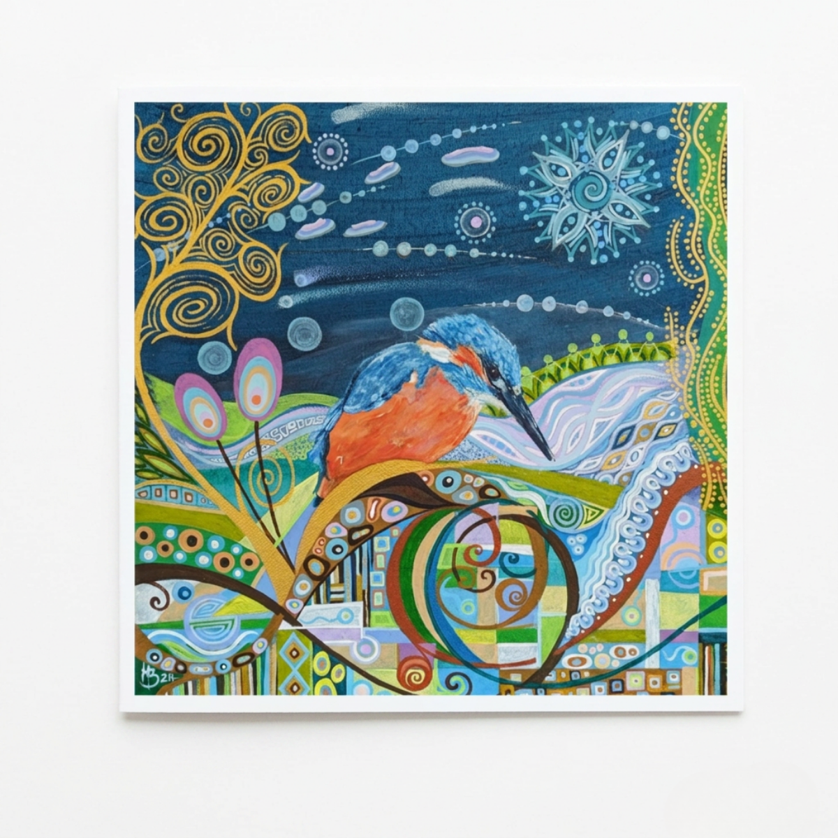 Colourful abstract artwork with a bird-like figure in a decorative frame.