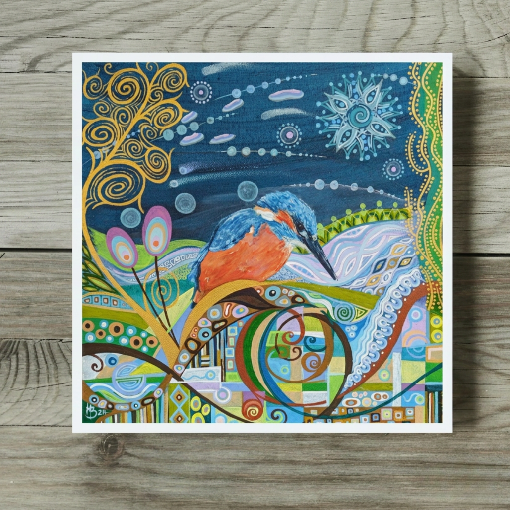 Colourful abstract painting of a bird on a wooden surface