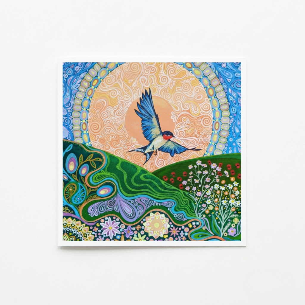 Colourful artwork of a bird flying over a landscape with flowers and patterns.