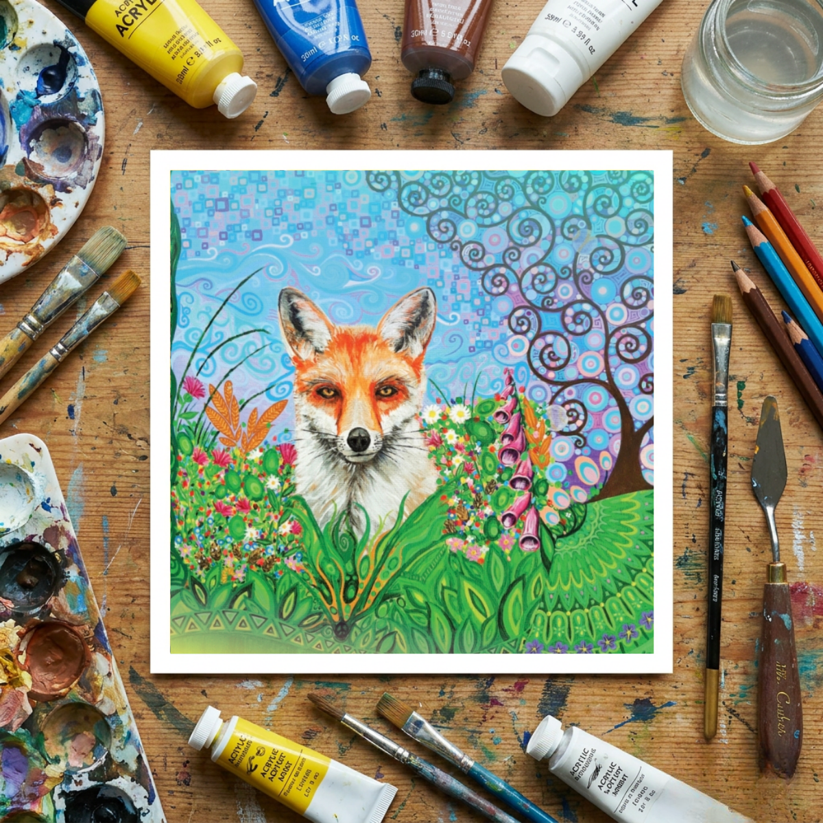 Colourful painting of a fox surrounded by flowers and trees on an artist's worktable with art supplies.