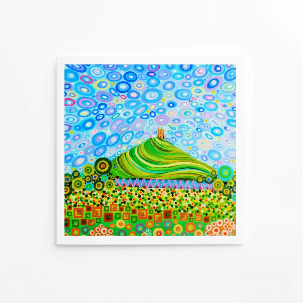 Colorful abstract painting with a green hill and blue sky.
