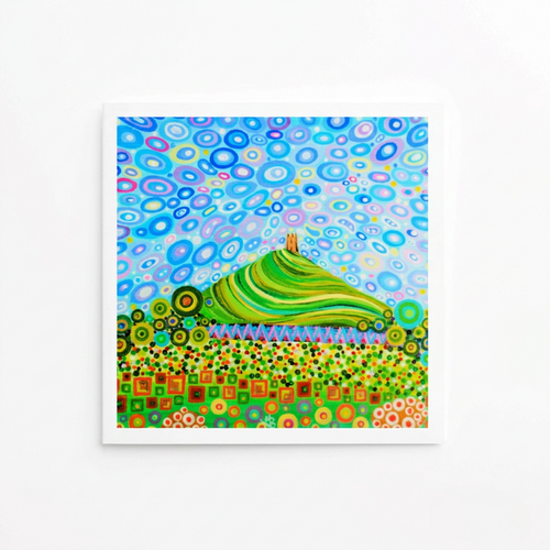 Colorful abstract painting with a green hill and blue sky.