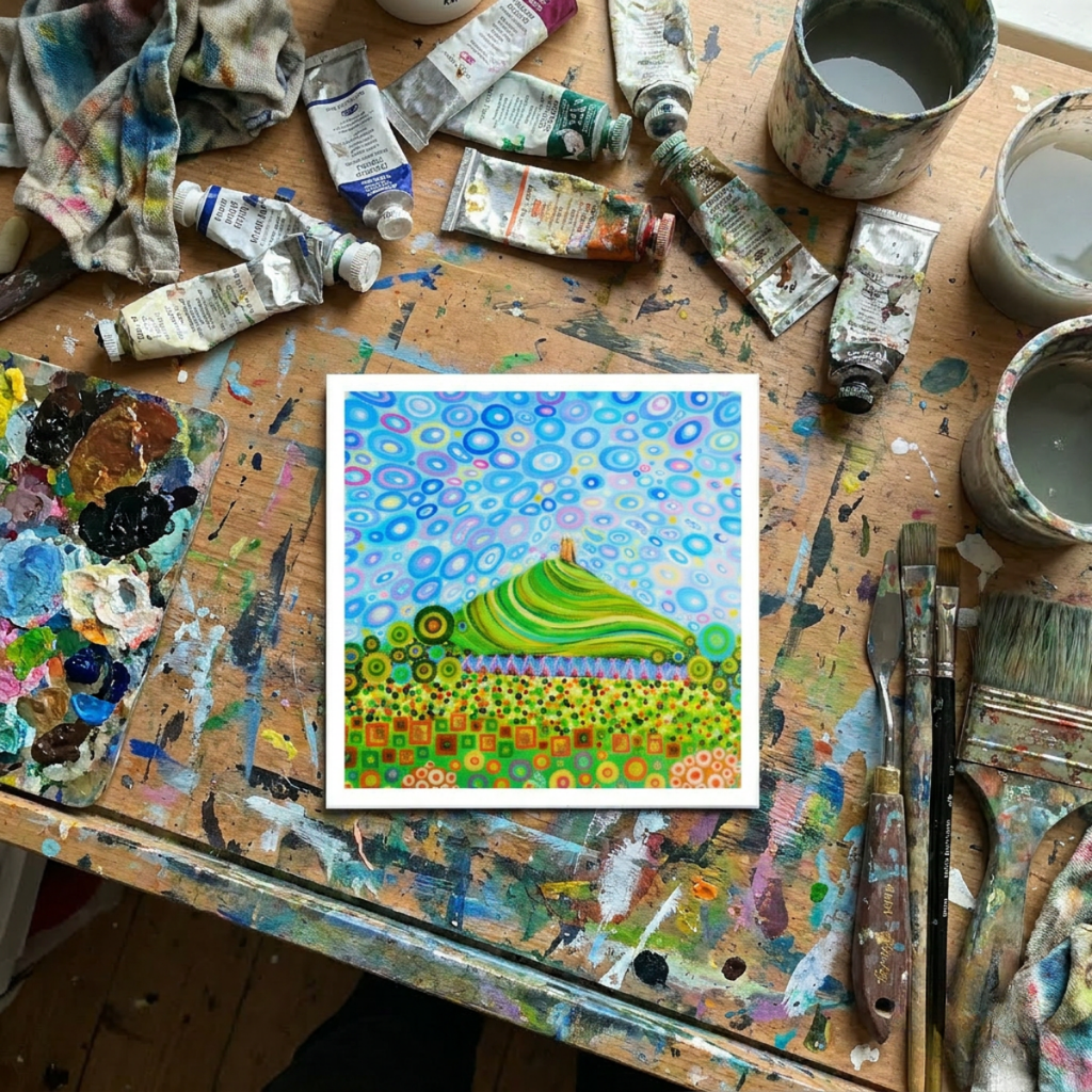 Colourful abstract painting on a messy artist's table with paint tubes and brushes.