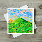 Colourful abstract landscape of Glastonbury Tor card on a wooden surface