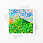 Colourful abstract landscape with green mountains and blue sky on a white card.