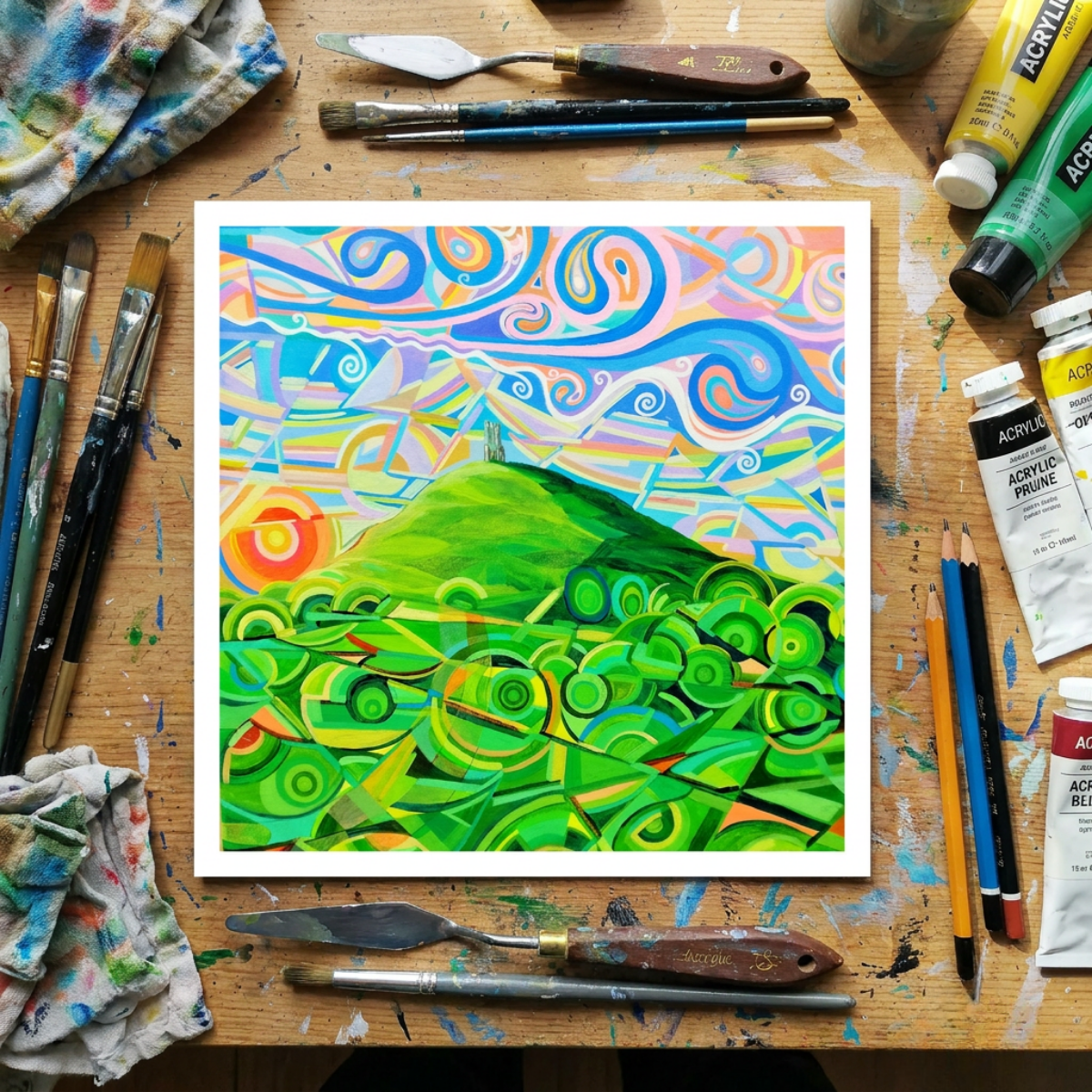 Colourful abstract landscape painting on a wooden table with art supplies