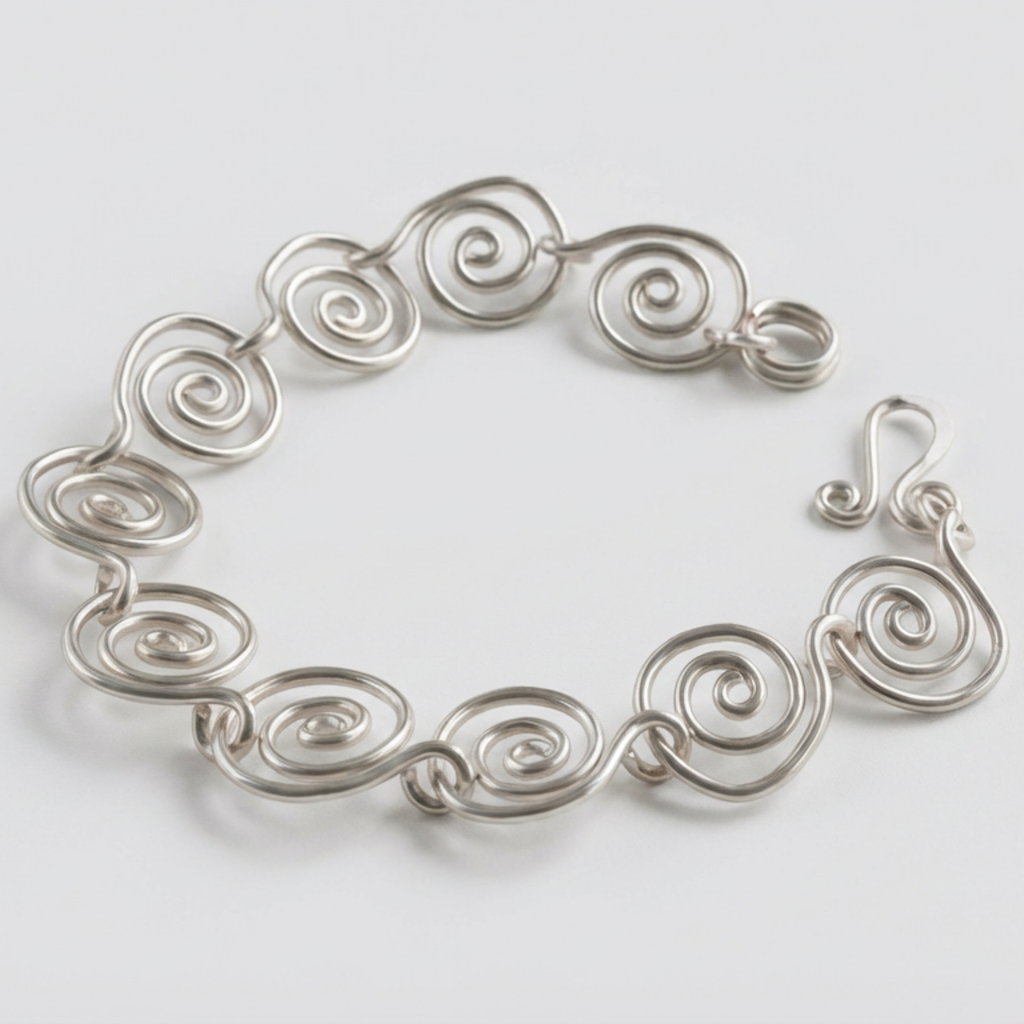 Detailed view of a silver spiral bracelet