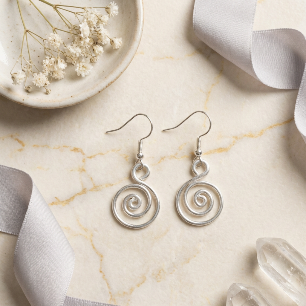Silver spiral earrings on a marble surface with decorative elements.