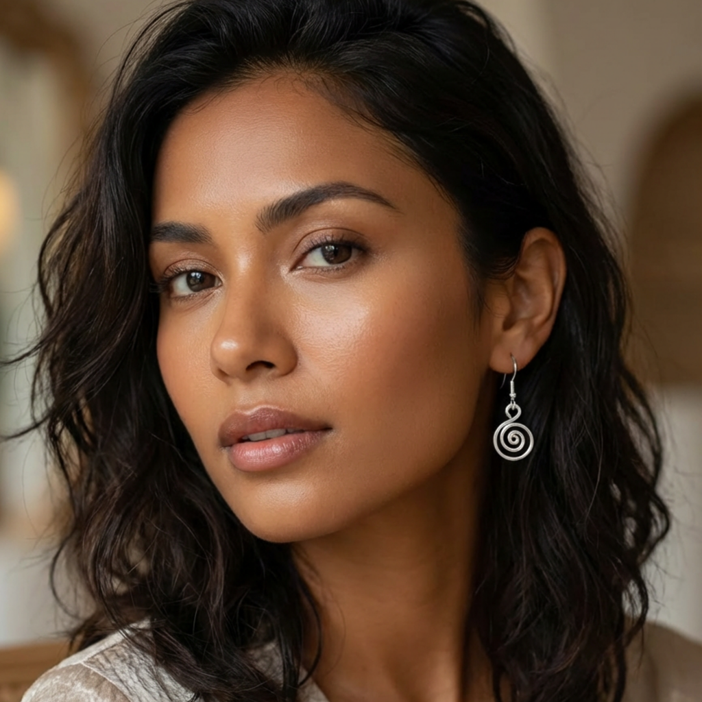Close-up of a woman wearing a silver spiral earring with a blurred background