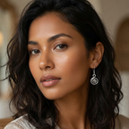 Close-up of a woman wearing a silver spiral earring with a blurred background
