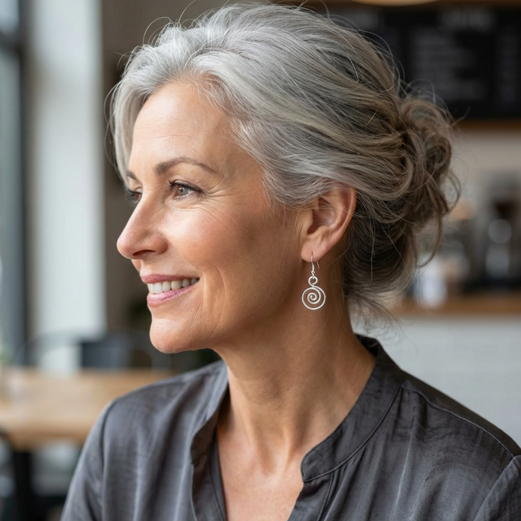 Woman with grey hair smiling in a casual setting wearing a pair of Alice spiral earrings