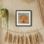 Framed colourful artwork of a tree with abstract design on a wall with decorative elements.