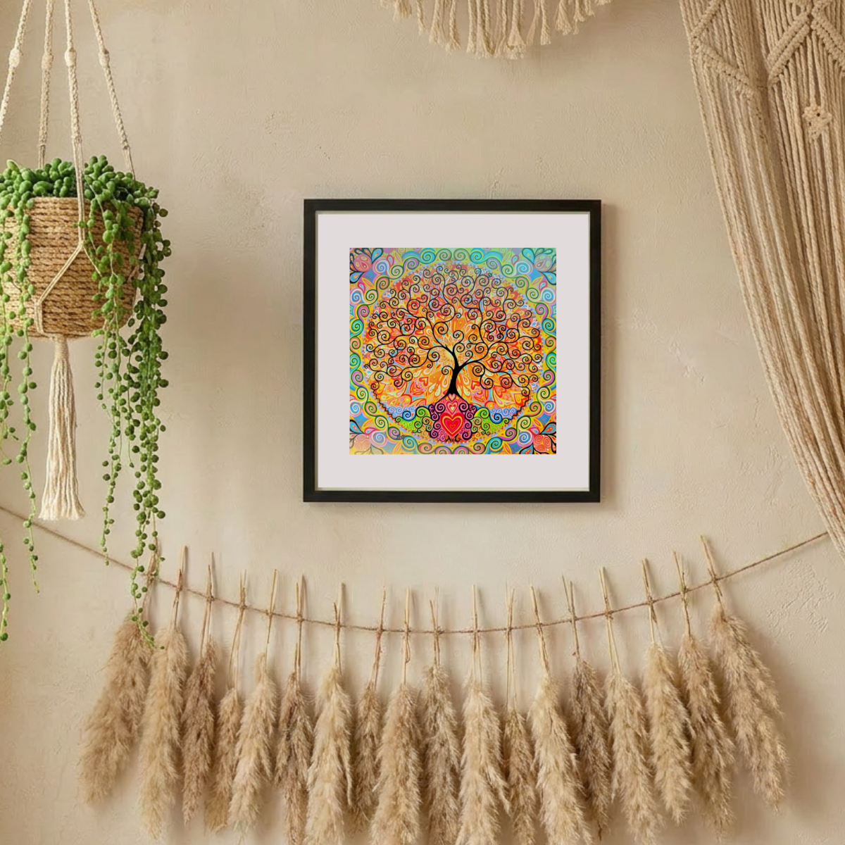 Framed colourful artwork of a tree with abstract design on a wall with decorative elements.