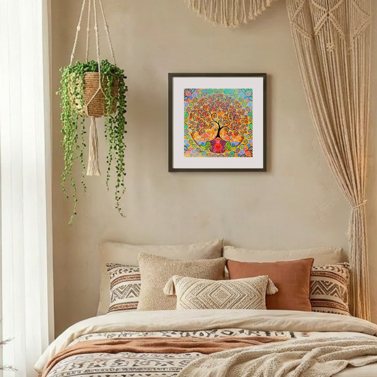 Decorative bedroom with a bed, wall art, and hanging plant.