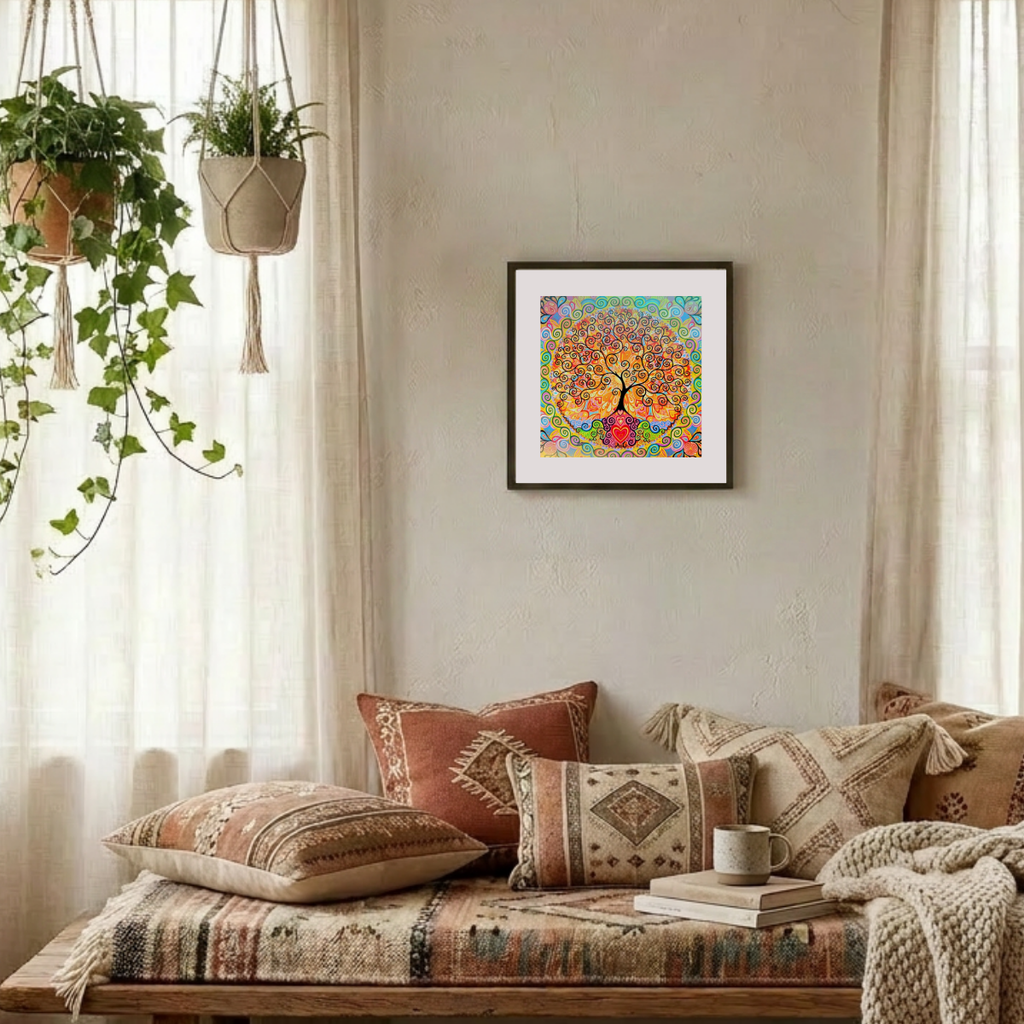 Cozy living room with a colourful abstract painting on the wall, patterned cushions, and a wooden bench.