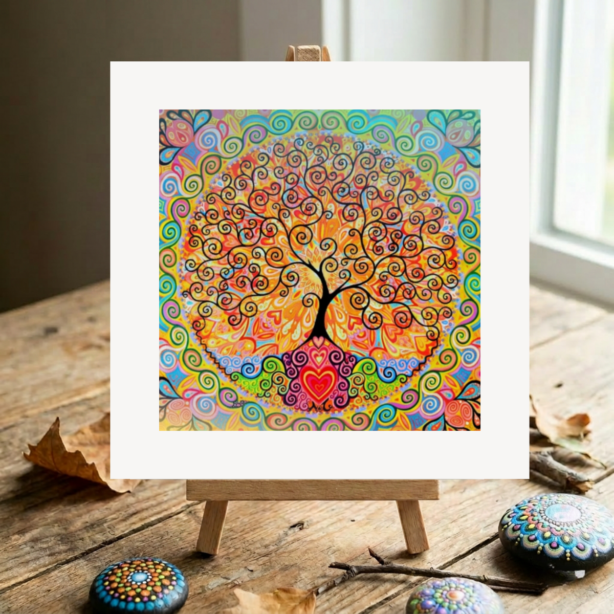 Colourful abstract artwork of a tree with a heart at its base on a wooden easel.