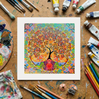 Colourful abstract artwork of a tree with a heart on a wooden surface with art supplies.