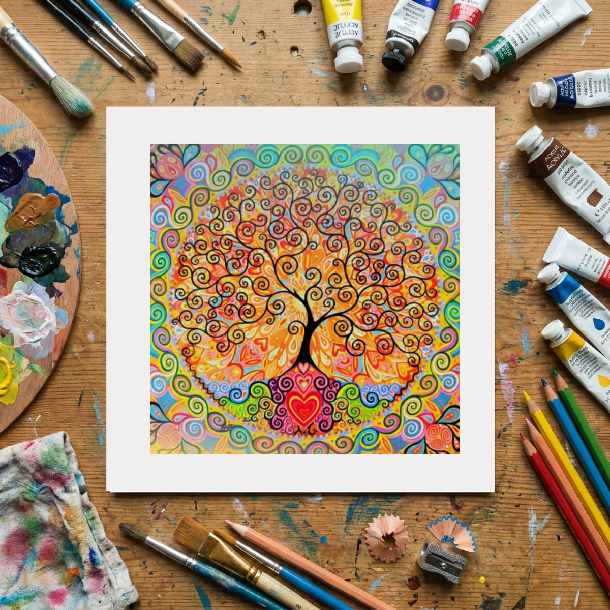 Colourful abstract artwork of a tree with a heart on a wooden surface with art supplies.