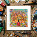 Colourful abstract artwork of a tree with a heart at its center, surrounded by art supplies on a wooden surface.