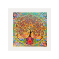 Colourful abstract artwork with a tree and heart design on a white background