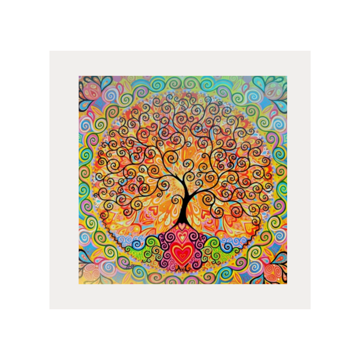 Colourful abstract artwork with a tree and heart design on a white background