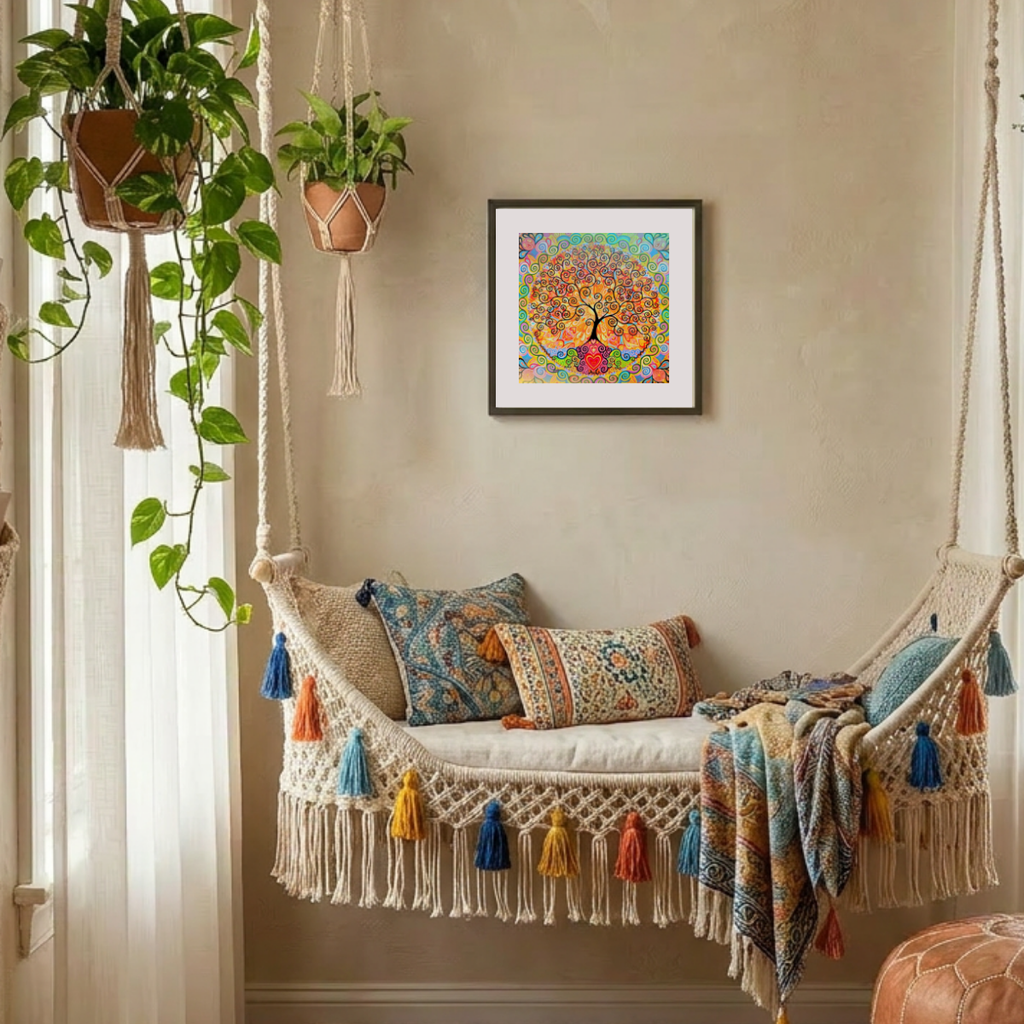 Decorative indoor swing with colourful pillows and a framed artwork on the wall.