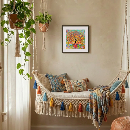 Decorative indoor swing with colourful pillows and a framed artwork on the wall.
