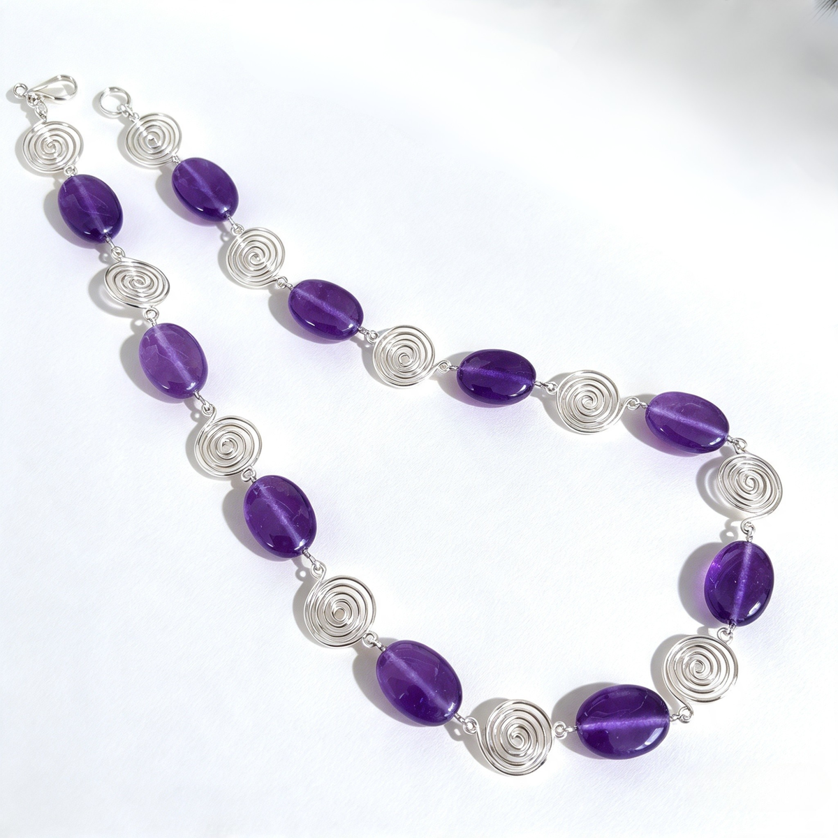 Amethyst Silver Spiral Necklace, Handmade Wire and Bead Jewellery, Gift for Her