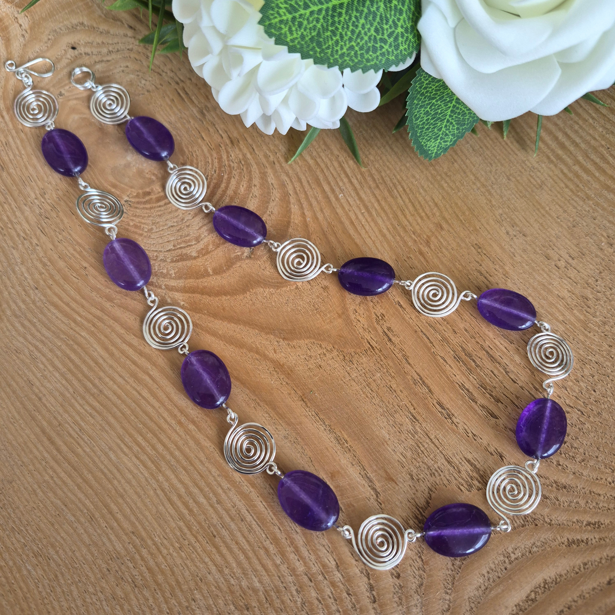 Amethyst Silver Spiral Necklace, Handmade Wire and Bead Jewellery, Gift for Her