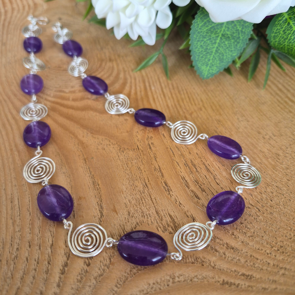 Amethyst Silver Spiral Necklace, Handmade Wire and Bead Jewellery, Gift for Her