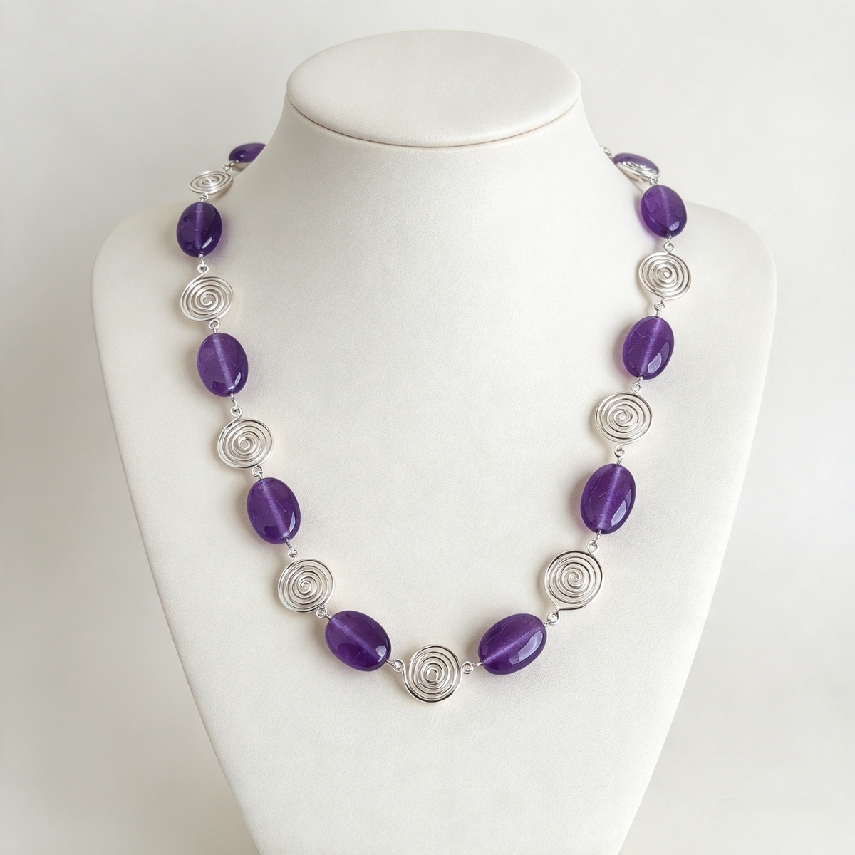 Amethyst Silver Spiral Necklace, Handmade Wire and Bead Jewellery, Gift for Her