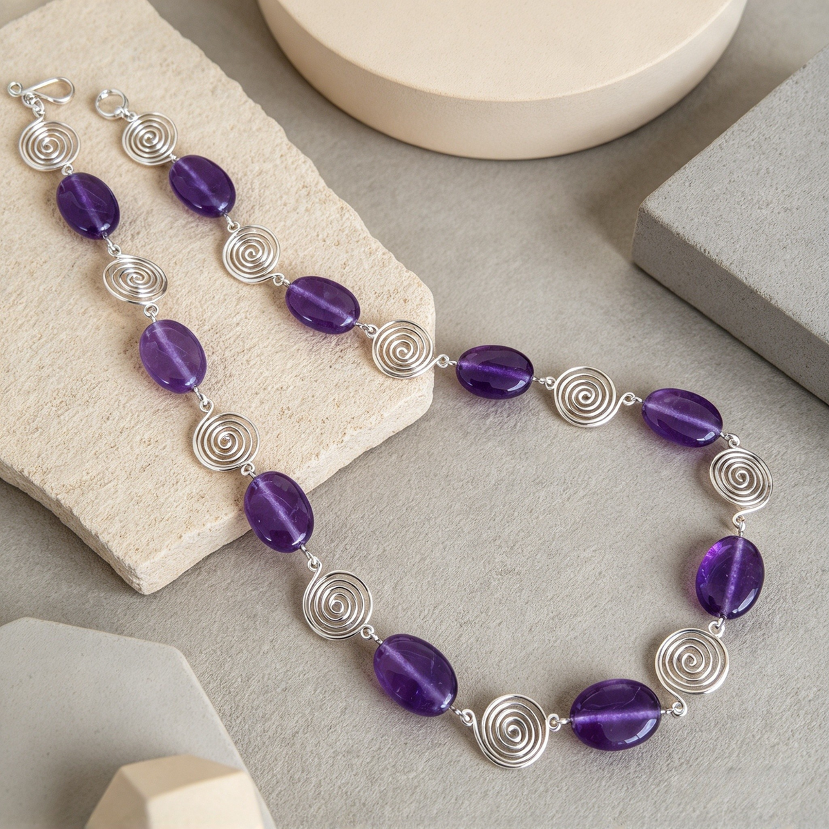 Amethyst Silver Spiral Necklace, Handmade Wire and Bead Jewellery, Gift for Her