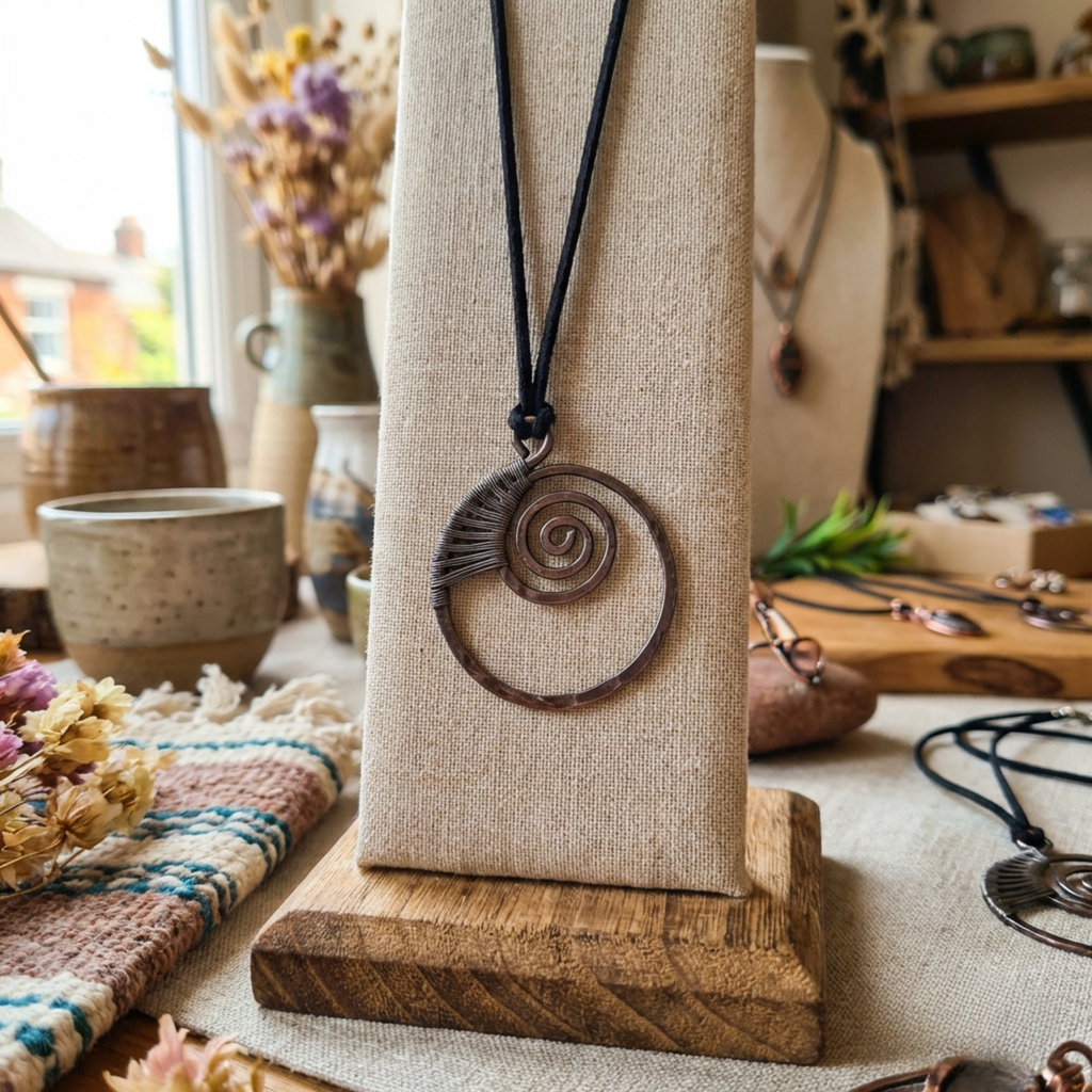Copper pendant necklace on a textured stand with a blurred background of decorative items.