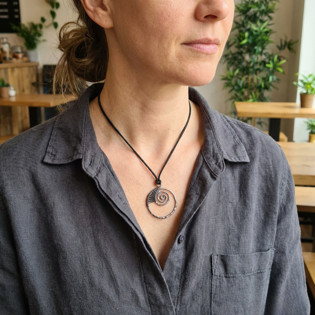 Person wearing a copper necklace with a spiral pendant in an indoor setting