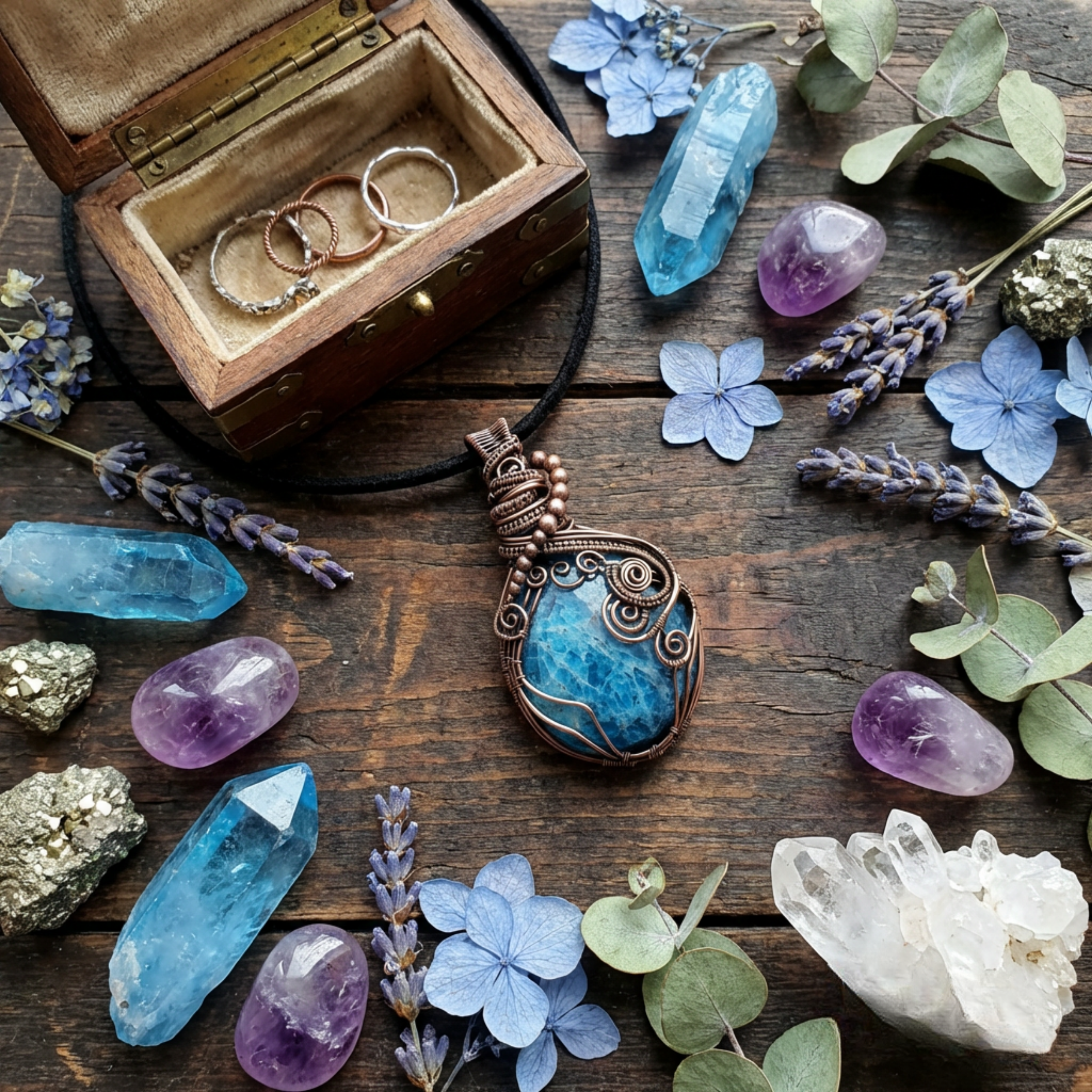 Jewelry set with a pendant, rings, and crystals on a wooden surface with flowers.