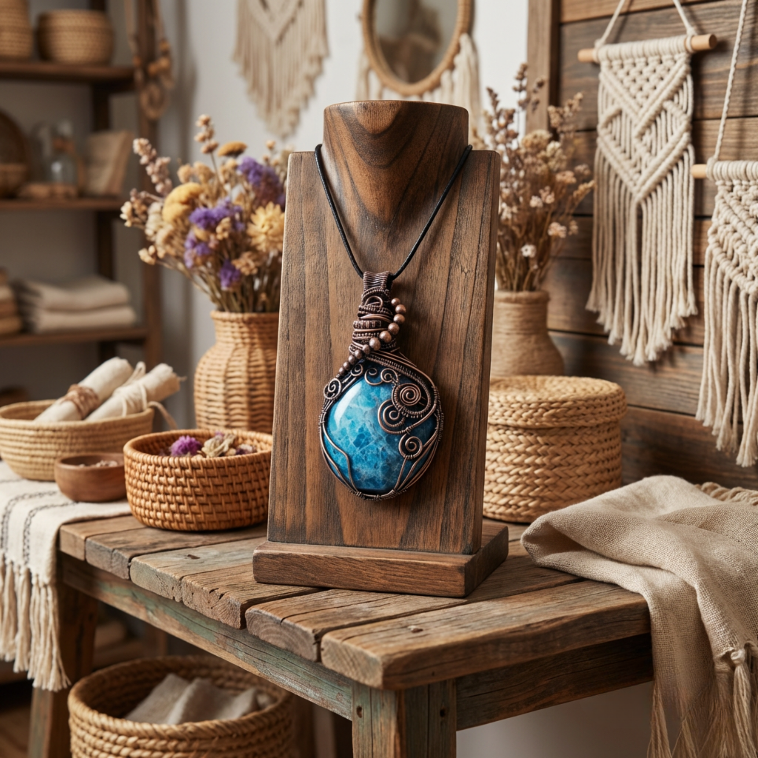 Necklace with a blue pendant on a wooden stand in a rustic setting
