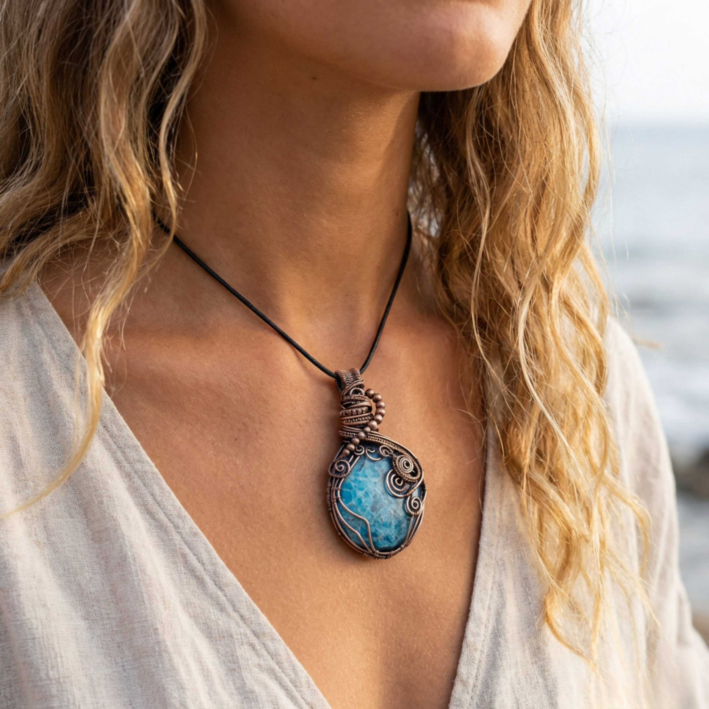 Woman wearing a necklace with a blue pendant by the water