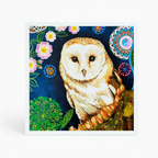 Painting of an owl with floral and geometric designs on a blue background