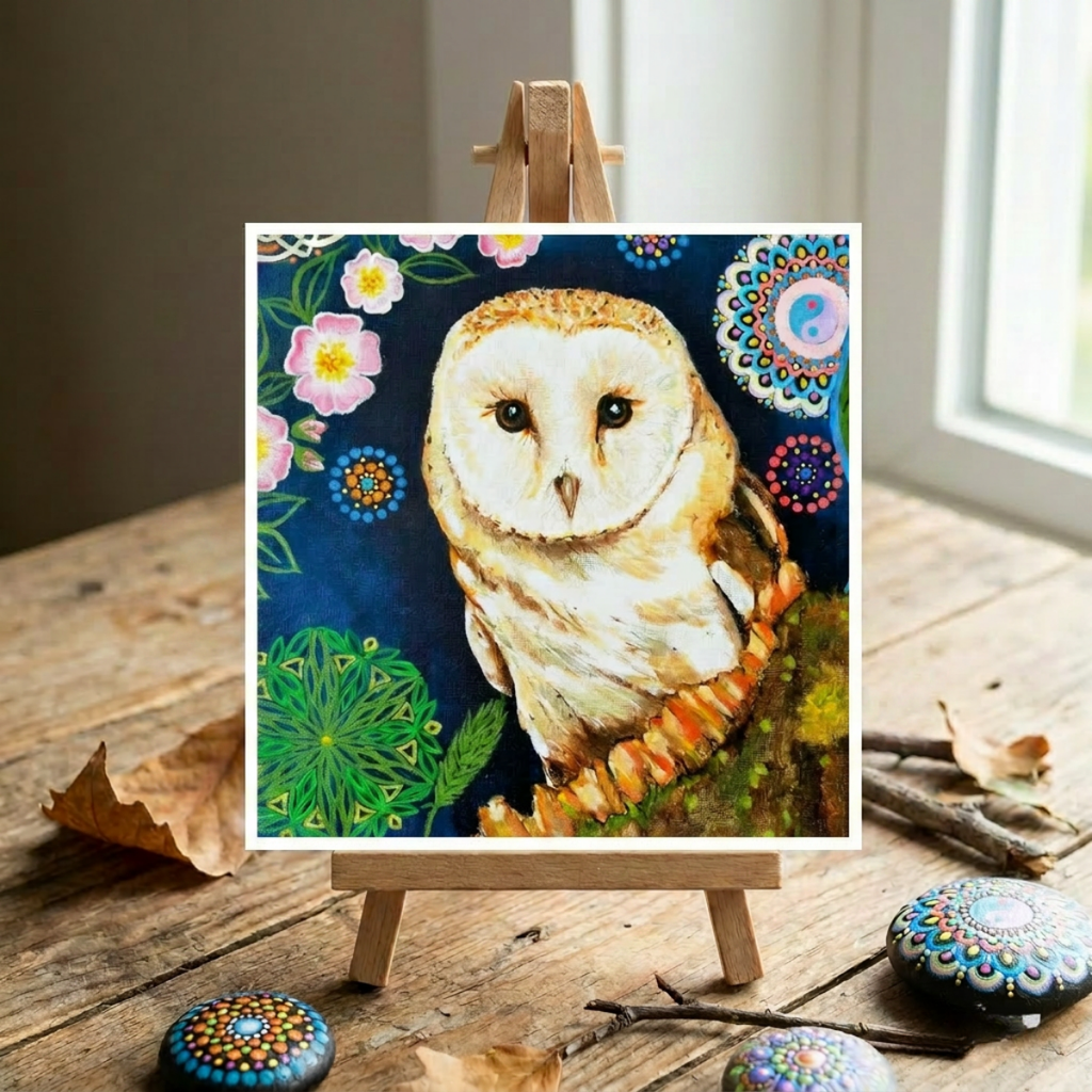 Painting of an owl on a small easel with decorative stones and twigs on a wooden surface.