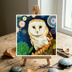 Painting of an owl on a small easel with decorative stones and twigs on a wooden surface.