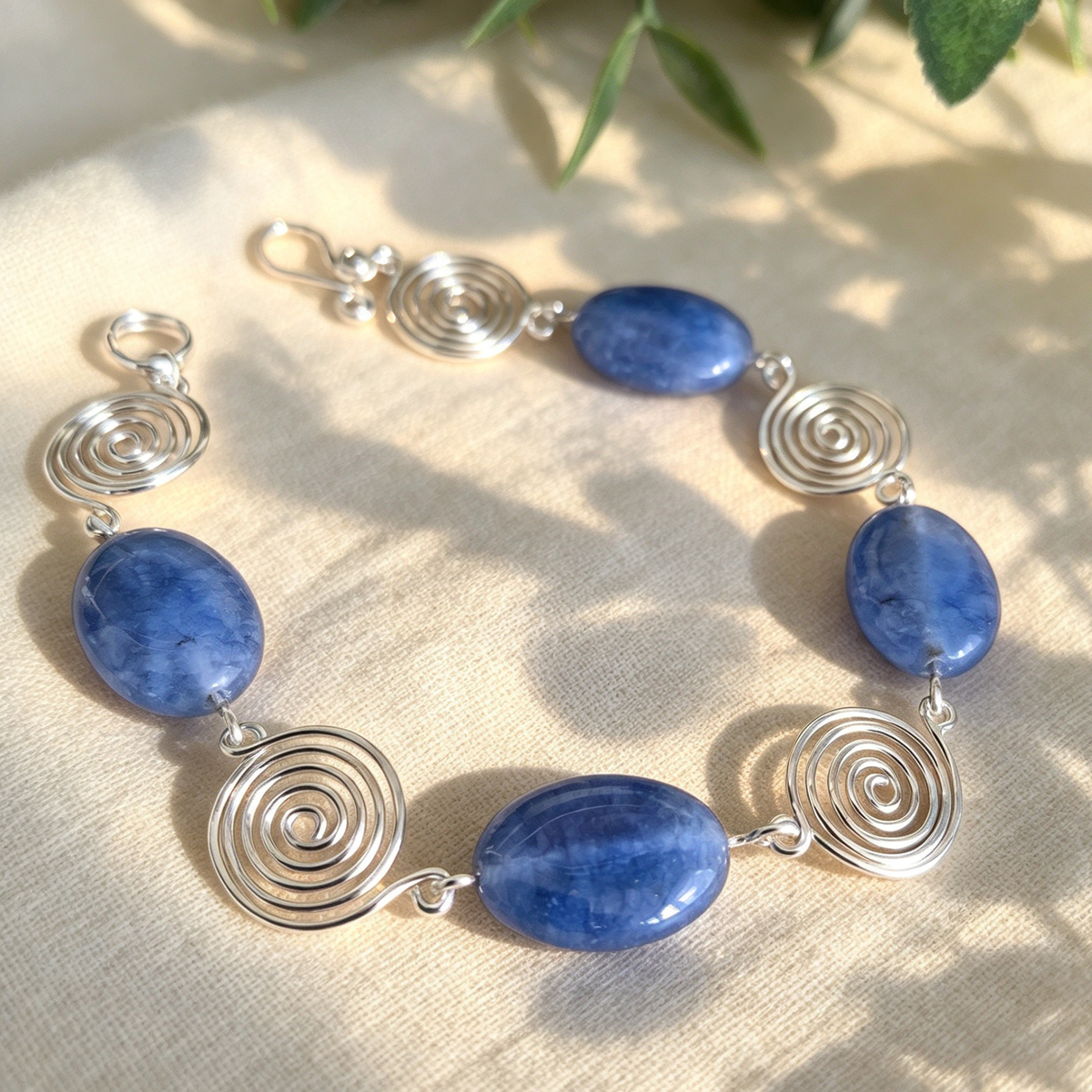 Aquamarine Silver Spiral Bracelet, Handmade Wire Jewellery, Gift for Her