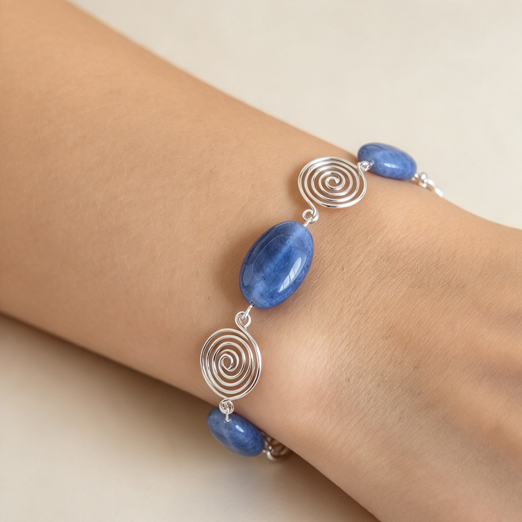 Aquamarine Silver Spiral Bracelet, Handmade Wire Jewellery, Gift for Her