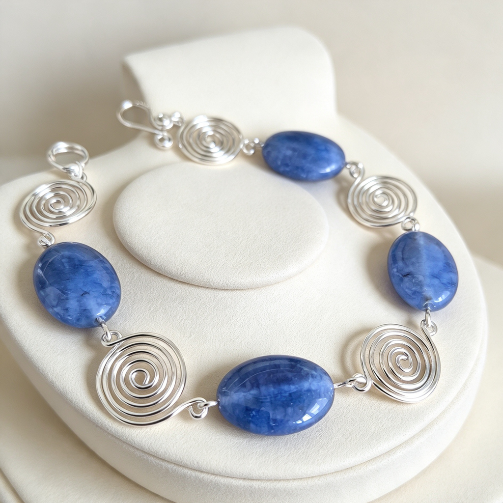 Aquamarine Silver Spiral Bracelet, Handmade Wire Jewellery, Gift for Her