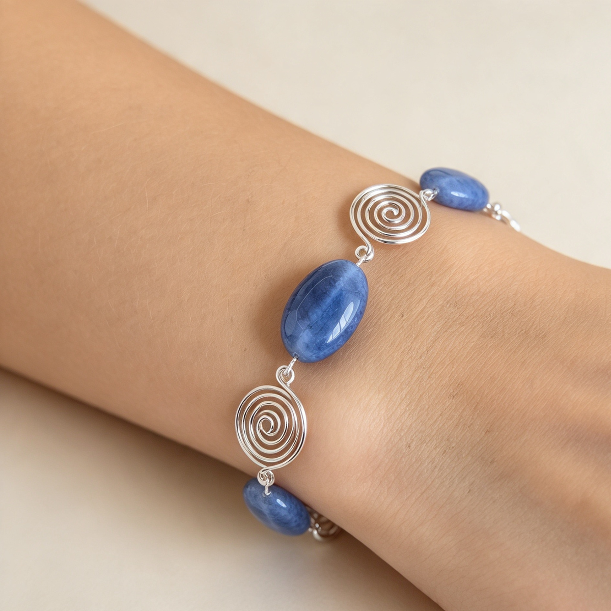 Aquamarine Silver Spiral Bracelet, Handmade Wire Jewellery, Gift for Her