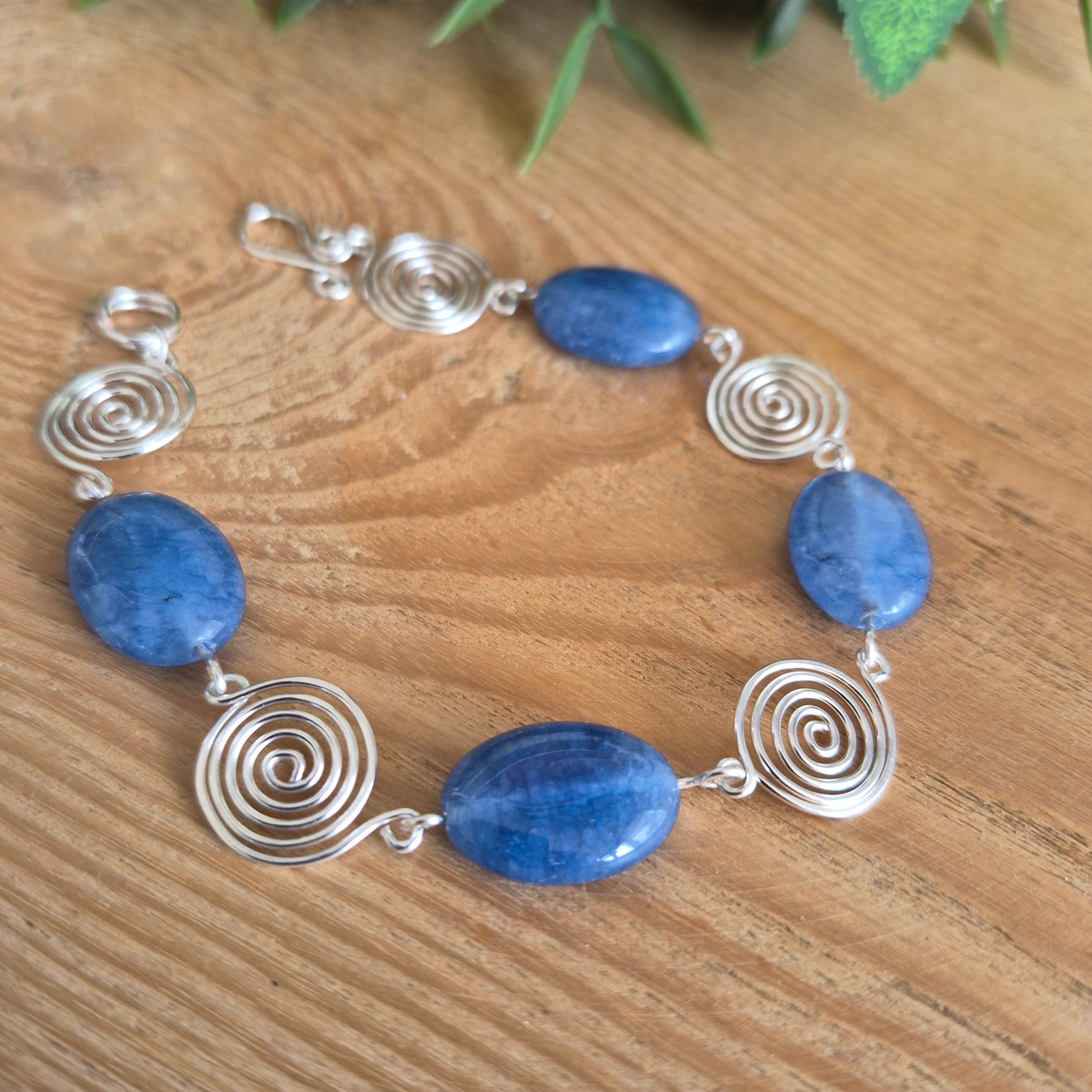 Aquamarine Silver Spiral Bracelet, Handmade Wire Jewellery, Gift for Her